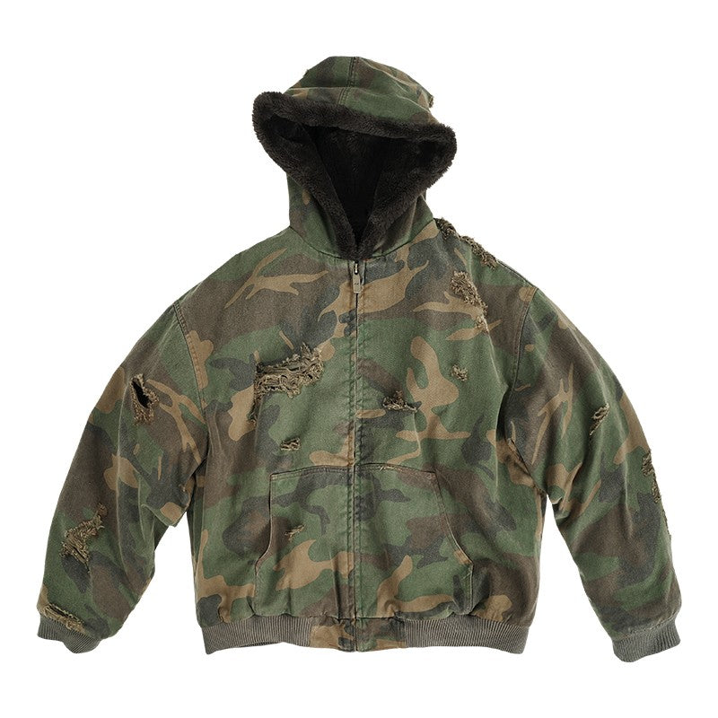 ANTIDOTE American style destruction tooling tactical ripped thickened imitation rabbit fur hooded camouflage mountain carving jacket