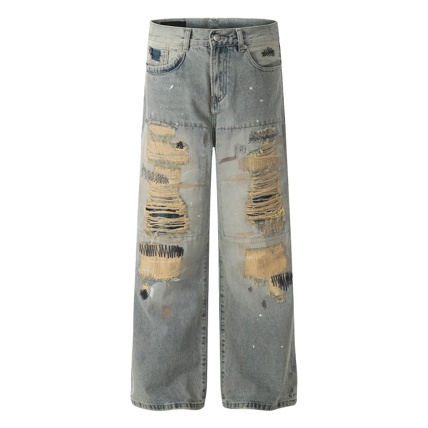 MT99 Street Yellow Mud Washed Niche Destruction Embroidery Dirty Dyed Jeans Men's Loose Casual Straight Trousers Trendy Brand