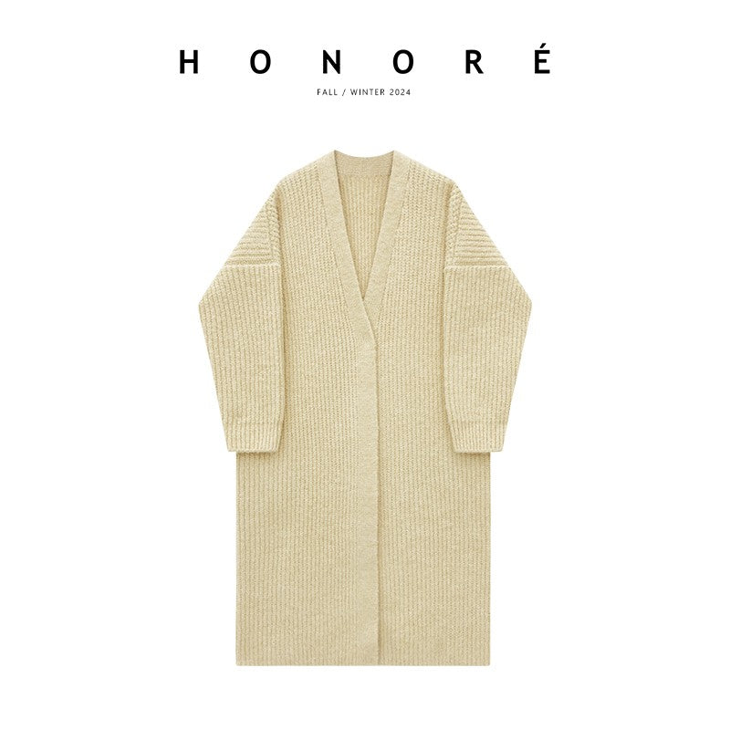 HONORE Gu Yue Relaxed Lazy Row Style Wool Chunky Knitted Long and Short Loose Cardigan All-match Large Coat