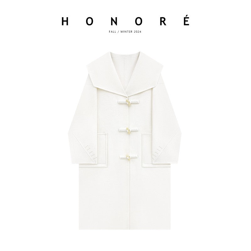 HONORE Gu Yue Du home-made dyed horn buttons + navy collar retro style warm 100 wool coat