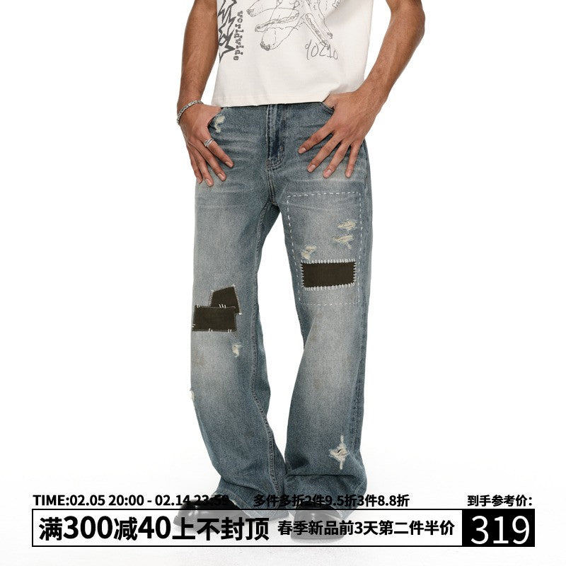 (New product, 50% off for the second piece) Washed monkey retro patch jeans men's cleanfit retro straight pants