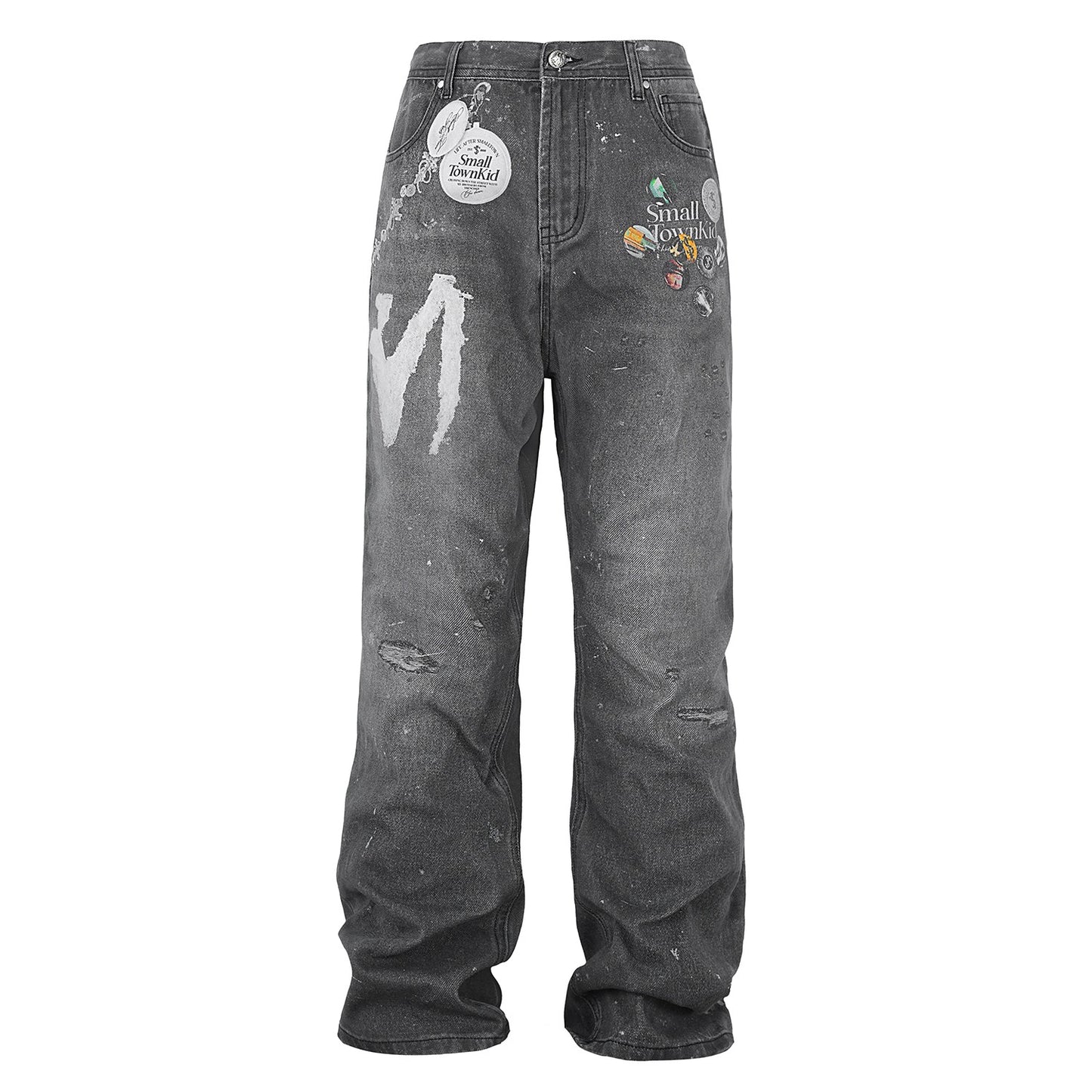 STK SmallTownKid badge 3D printed jeans American retro distressed washed trousers street style