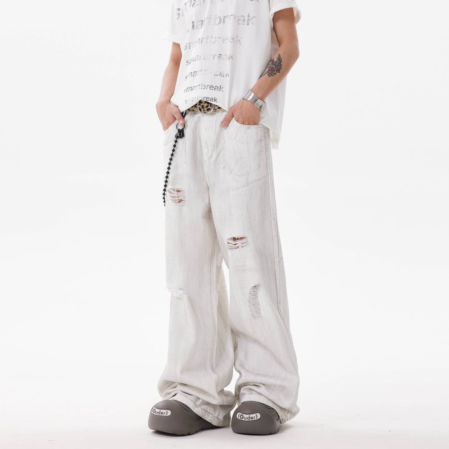 BTSG * American retro tie dye ripped hole dirty white jeans niche wasteland style loose wide leg pants men