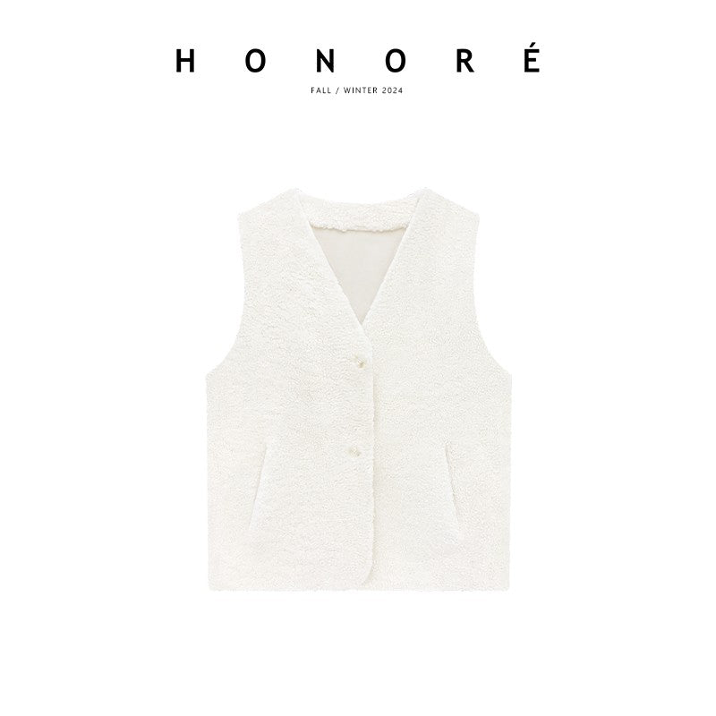 HONORE Gu Yue practical layered Teddy grain environmentally friendly leather retro warm slim fit versatile loose vest