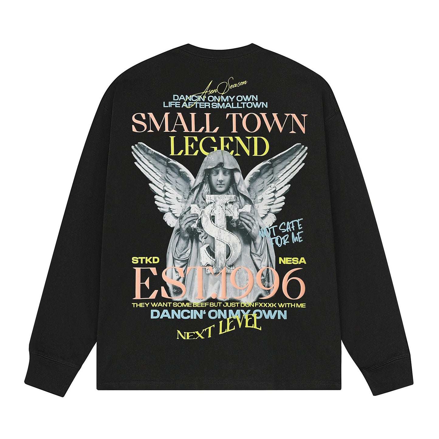 STK SmallTownKid Angel Print Long Sleeve T-shirt American Retro Fashion Street Round Neck Top for Men and Women