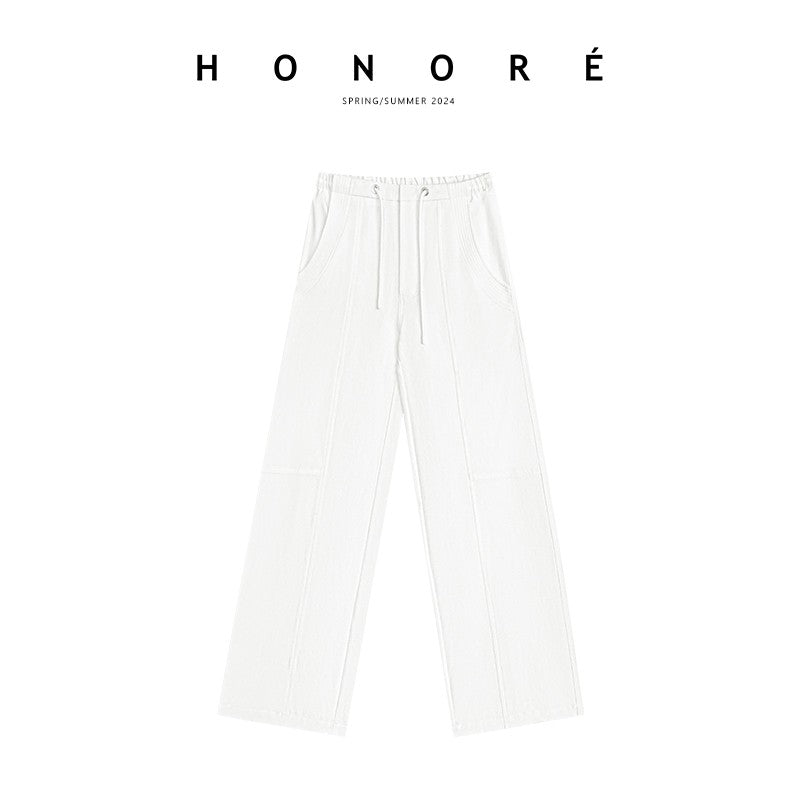 HONORE Guyue Casual Free Style Structure Design Breathable Fabric Versatile Wide Leg Drawstring Floor-Mopping Casual Pants