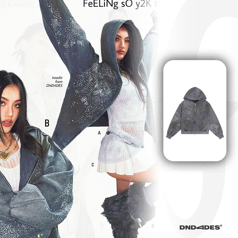 DND4DES Wang Yiheng's same style American washed distressed mud dyed starry rhinestone short wide hooded zipper sweatshirt