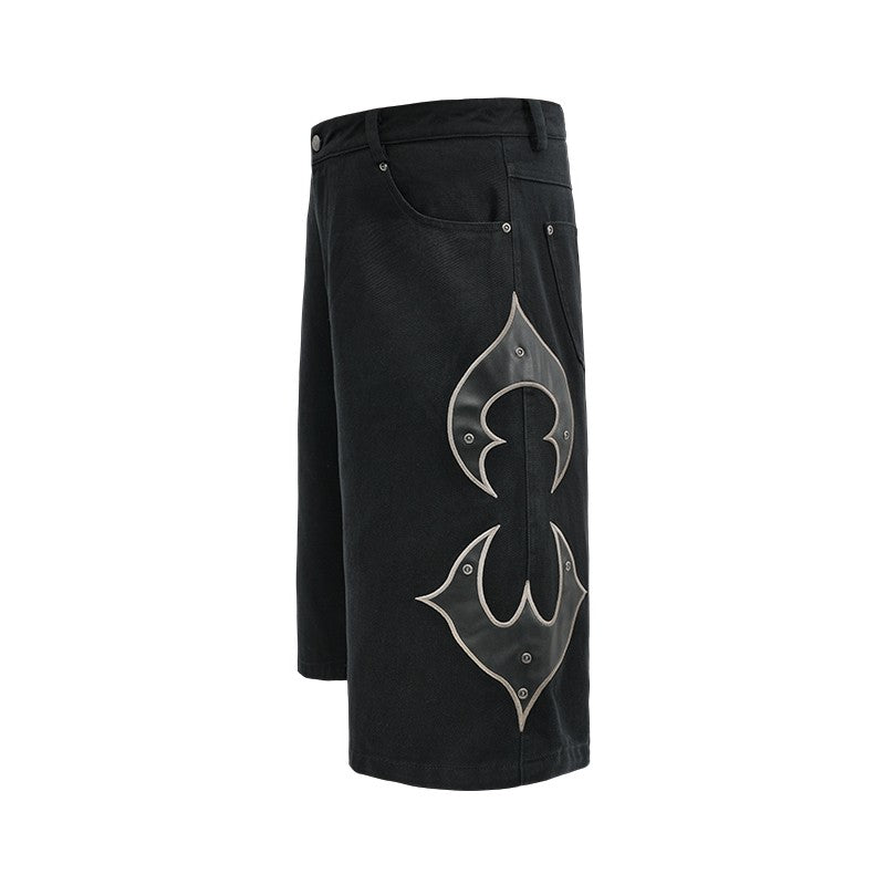 ANTIDOTE Leather Embroidery Stitched Over-the-Knee Cropped Jeans American Street Straight Shorts Casual Pants Men