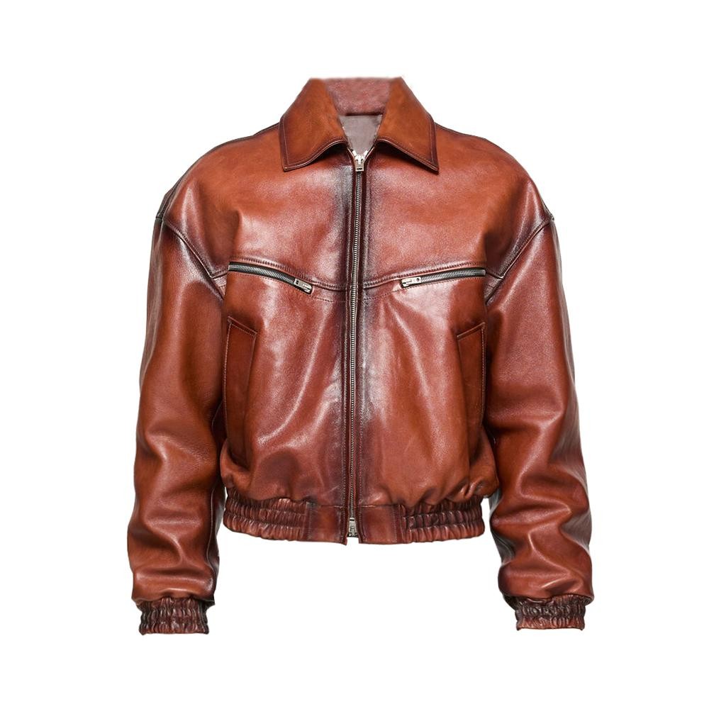 TrendMaybe &quot;Punk Style&quot; Short Wide Sheepskin Leather Bomber Jacket Flight Suit Gradient Leather Jacket