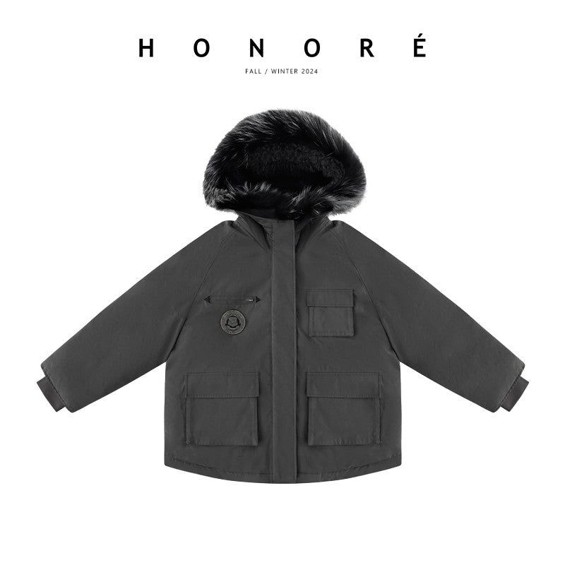 HONORE Guyue original heavy-duty three-dimensional bronze parka with large fur collar 95% safe workwear warm down jacket