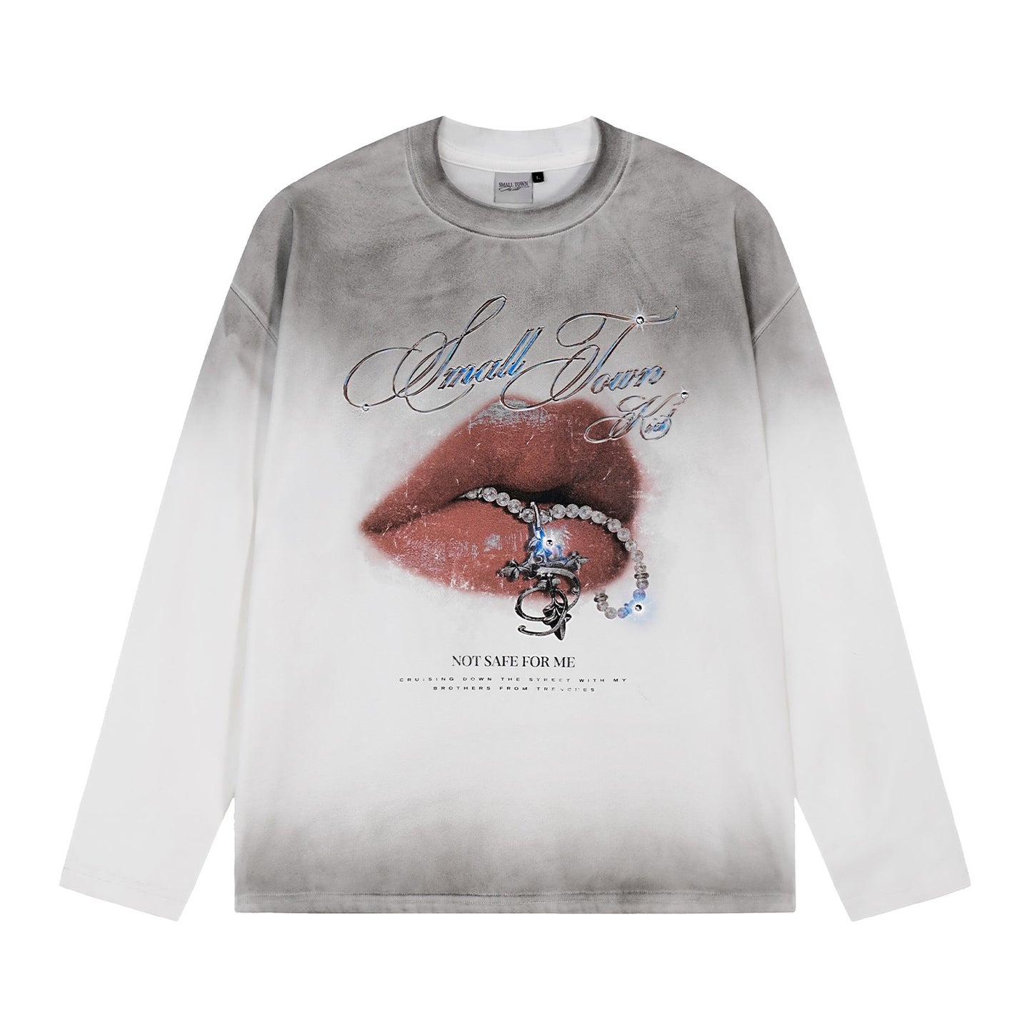 STK SmallTownKid Dirty Wash Diamond Lips Long Sleeve TEE American Retro Old Fashion Spring and Summer T-shirt