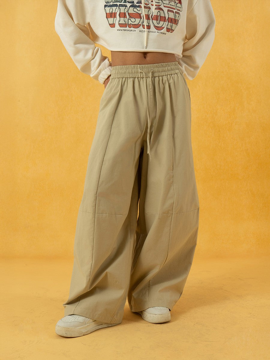 CLP Khaki Black Elastic Waist Wide Leg Drawstring Casual Pants Pleated Loose Straight Drape Trendy Trousers