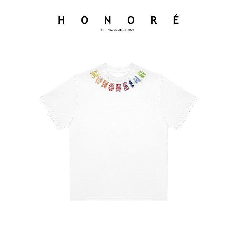 HONORE Gu Yue colorful line D home original heavy chain embroidery loose round neck short sleeve top T