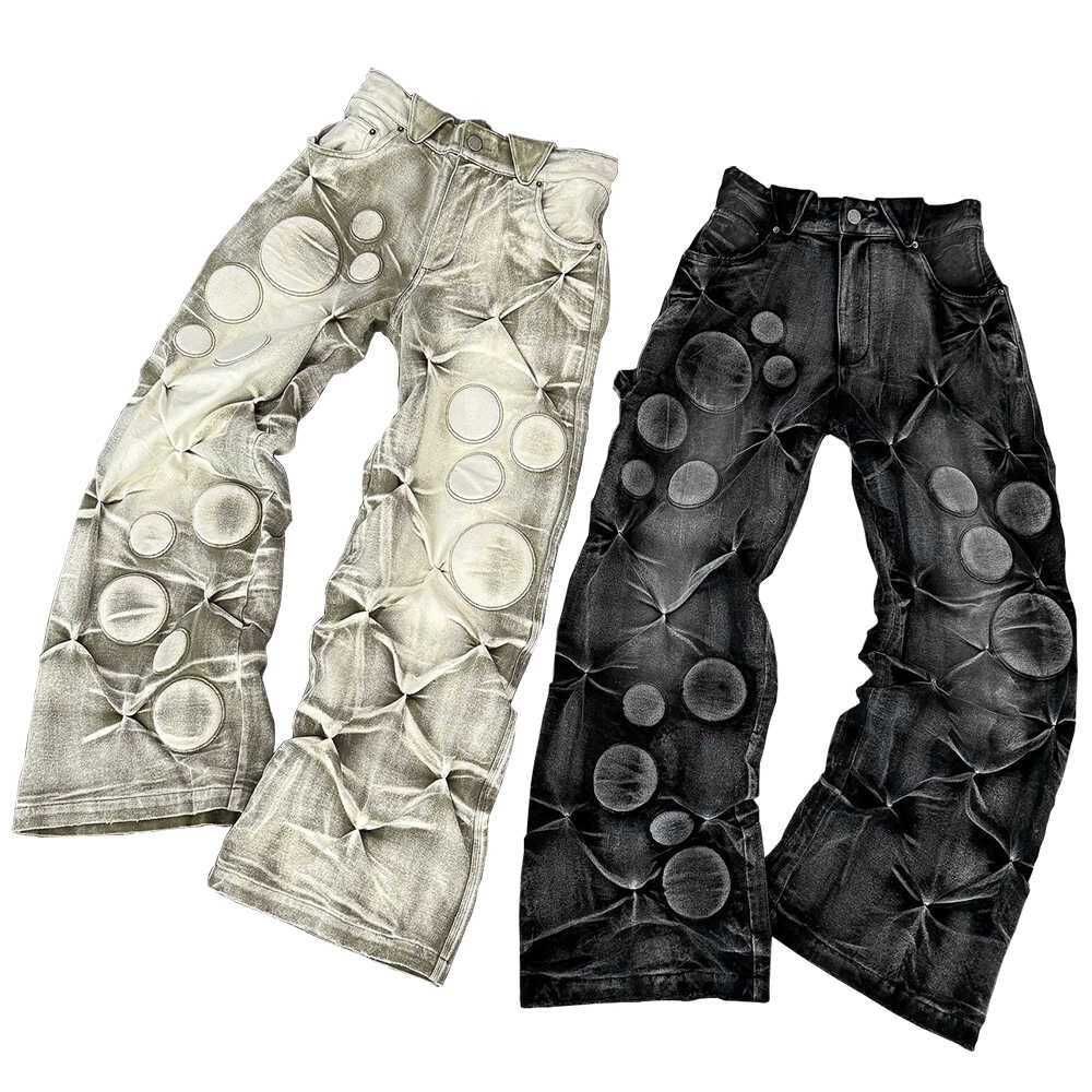 TrendMaybe &quot;PADDED PANTS&quot; Heavy Washed Faded Distressed Pants Loose Embroidered Casual Padded Pants